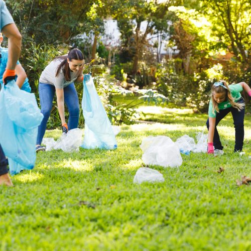 Caucasian parents, son and daughter putting rubbish in refuse sacks in the countryside
