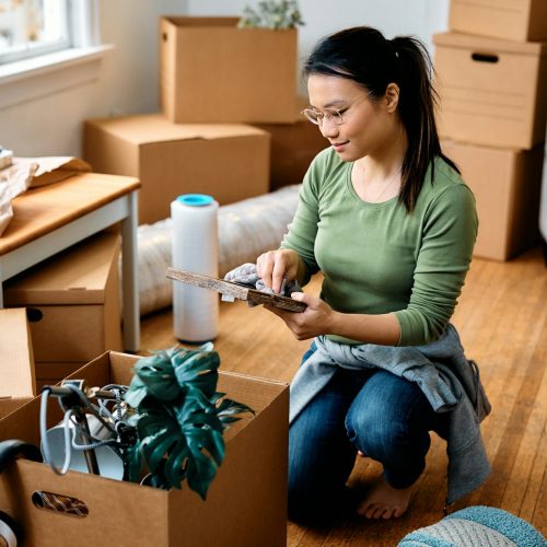 Young Asian woman cleaning photo frame while unpacking her belongings and moving in a new home.